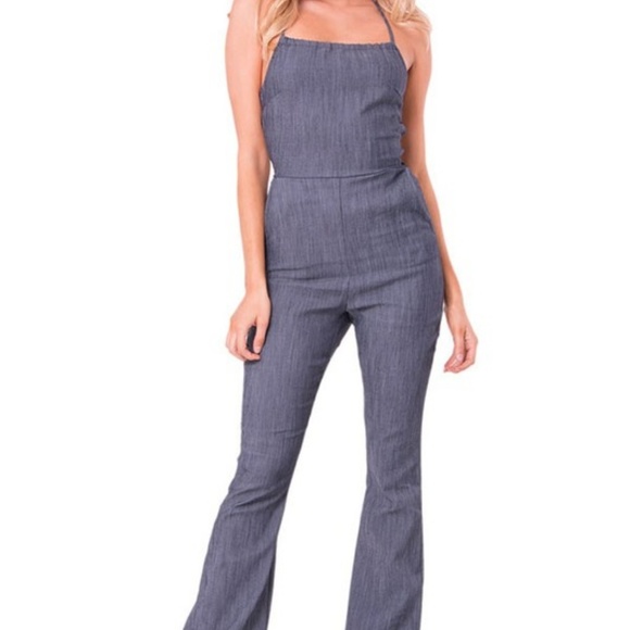 Sale.. Wide Leg Open Back Denim Jumpsuit - Picture 2 of 7